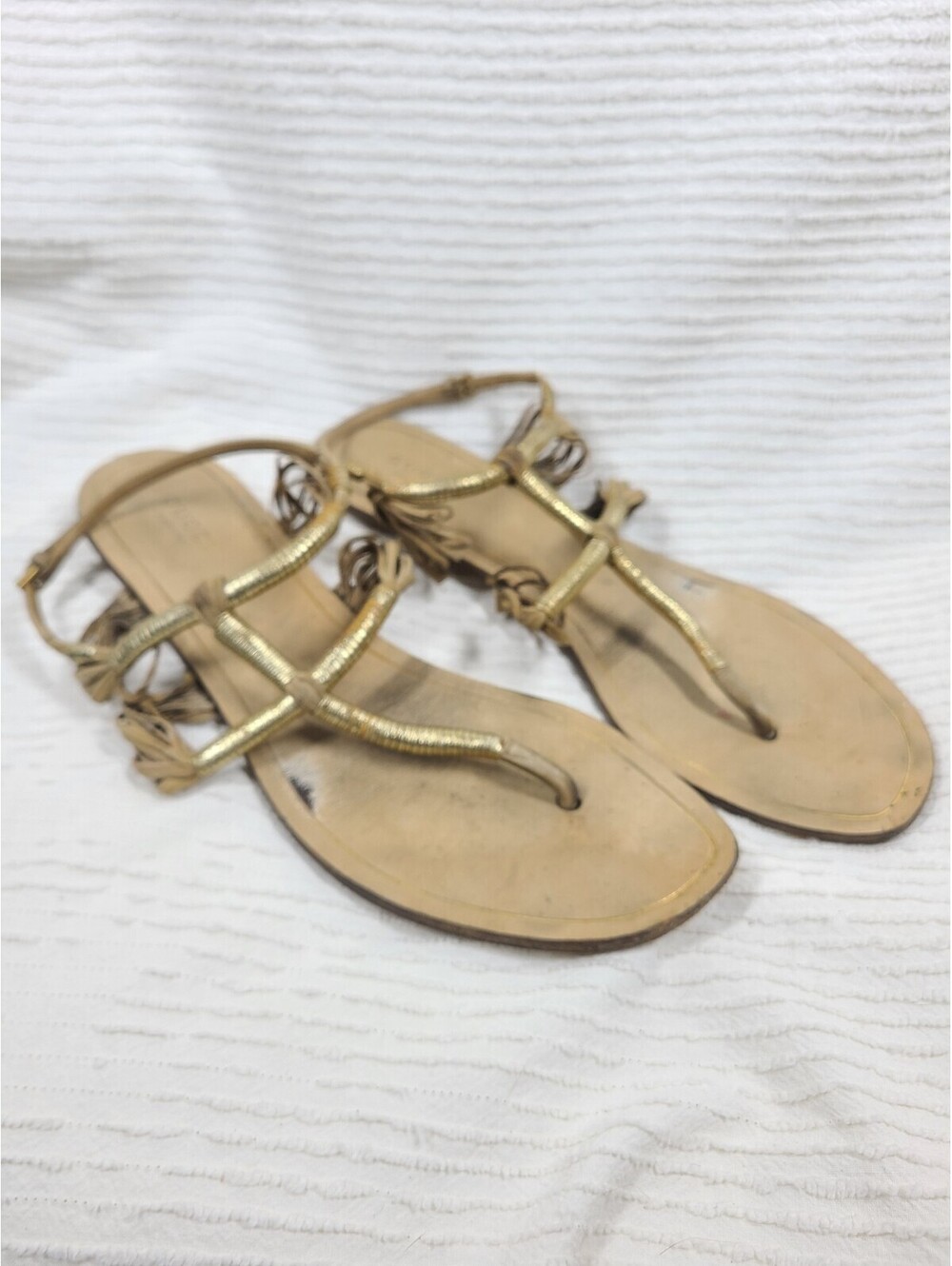 Gucci Suede Rattan Sandals Wrapped Gold Ankle Buckle 39.5 9.5 AsIs Worn